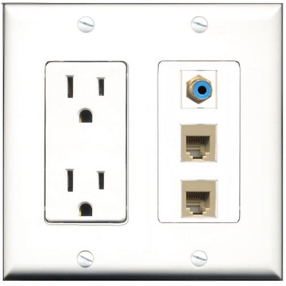 RiteAV - 15 Amp Power Outlet 1 Port RCA Blue 2 Port Phone Beige Decorative Wall Plate