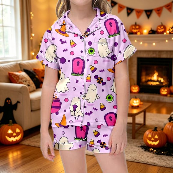 BOOMNY Halloween Girls 2 Peice Pajamas Sets Hallowmas Pumpkin Ghost Graphic Short Sleeve Buttons Sleepwear Tops Shorts Pjs Set for Kids Cozy Loungewear Homewear
