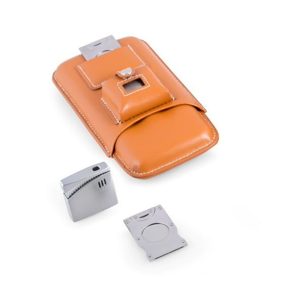 Brown Leather Three Cigar Holder with Stainless Steel Cutter and Lighter.