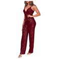 thumbnail image 2 of PXLKNZH Womens Solid Sequin Romper Casual Slim Fit Wrap V Neck Sleeveless Jumpsuit Elegant Ladies Party Clubwear Bodysuit Wine,XL, 2 of 6