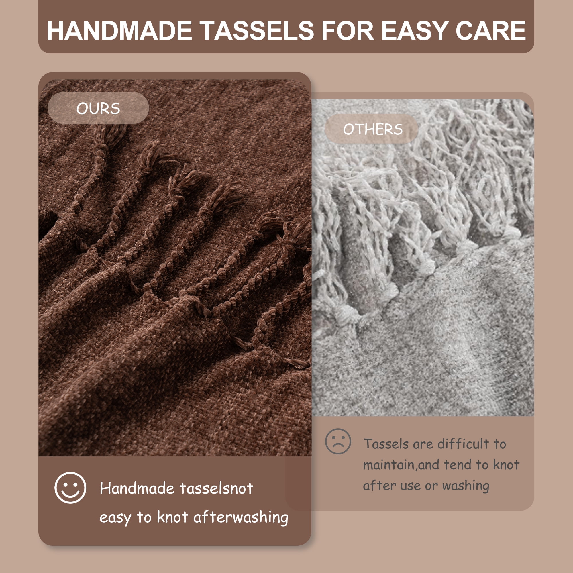 Battilo Dark Brown Chenille Throw Blanket,Chocolate Brown Knit Throws with Tassels,50"x60"