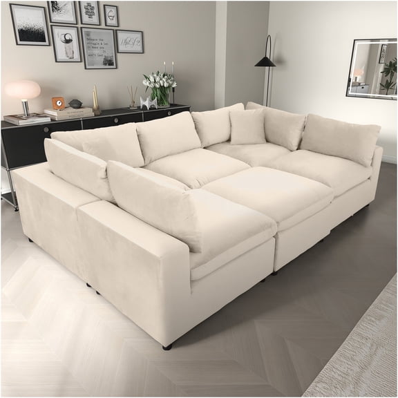JERFIT Modern Velvet Sectional Sofa 6-Seater, Ivory Plush Fabric Couch with Removable Cushions for Living Room, Easy Assembly