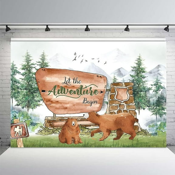 Baby Shower Backdrop Adventure Awaits Pine Tree Mountain Wilderness Brown Bear Background Woodland Friends Party Decor Banner for Photography Photo Booth Props