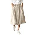 thumbnail image 2 of PBFRDSJ Cotton Linen Skirt for Women Elastic Waist Button Front Vintage Stretch A-Line Flared Casual Midi Skirts Peasant Trendy Skater with Pockets, 2 of 7