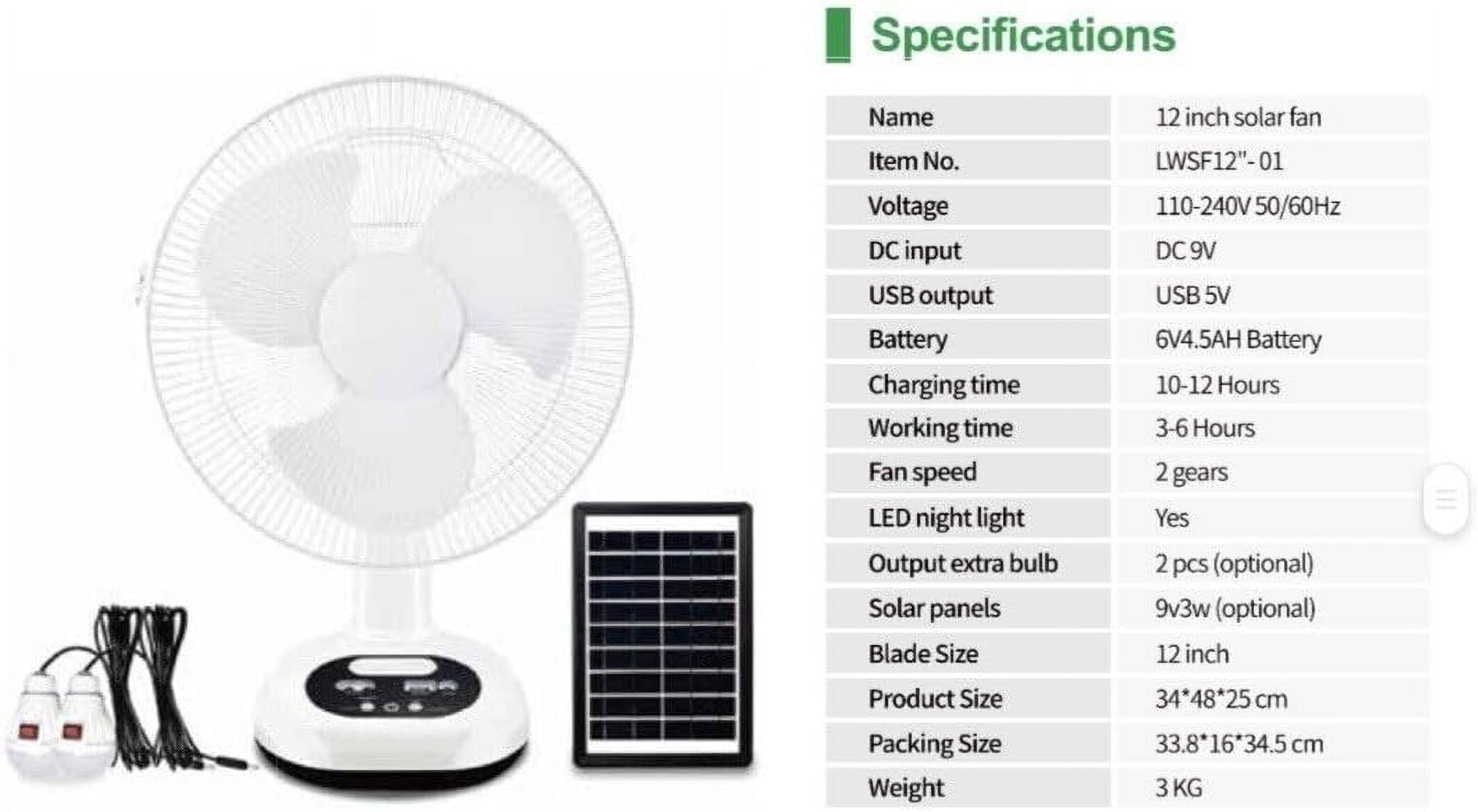 New Rechargeable Fan With solar panel, USB port, night LED light and 2 Free bulbs. Eco-Friendly Cooling