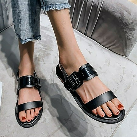 

XIAQUJ Ladie Summer Large Size Belt Buckle Open Toe Monofont Casual Fashion Buckle Lightweight Comfortable Slippers Sandals for Women Black 6.5(37)