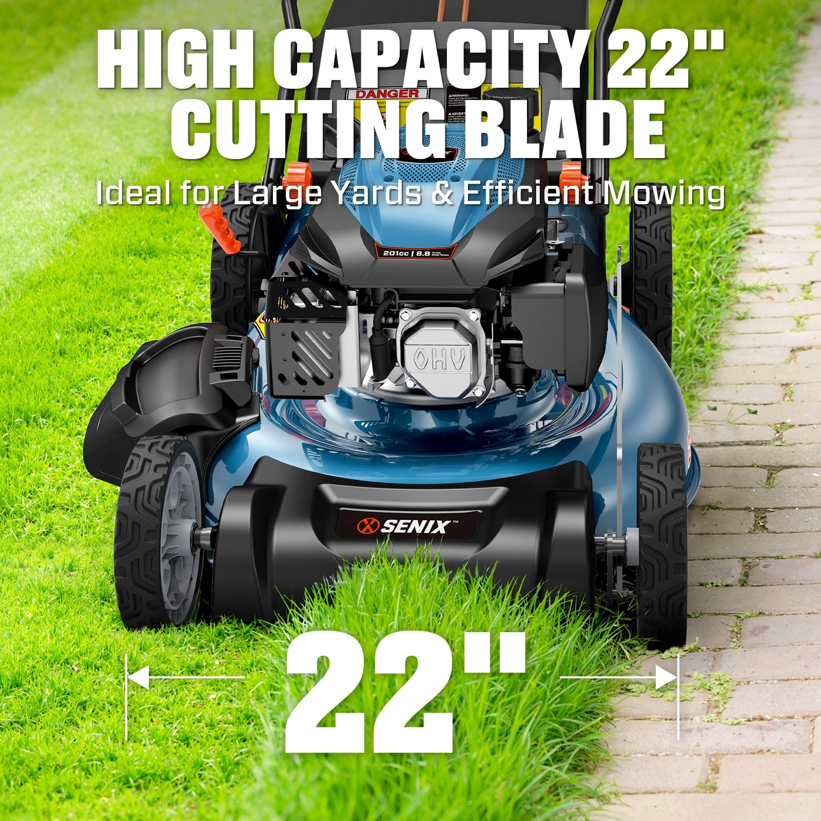 SENIX Self-Propelled Gas Lawn Mower, 22-inch Cutting Blade, 201 cc, 3-In-1, 6-Position Adjustment, 11-inch Rear Wheel 19-Gallon Bag