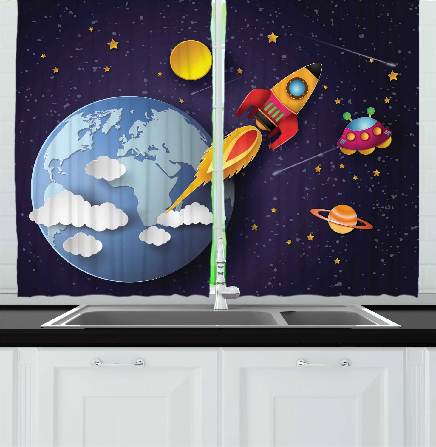 Outer Space Curtains 2 Panels Set, Rocket on Planetary System with Earth Stars Ufo Saturn Sun Galaxy Boys Print, Window Drapes for Living Room Bedroom, 55W X 39L Inches, Multicolor, by Ambesonne
