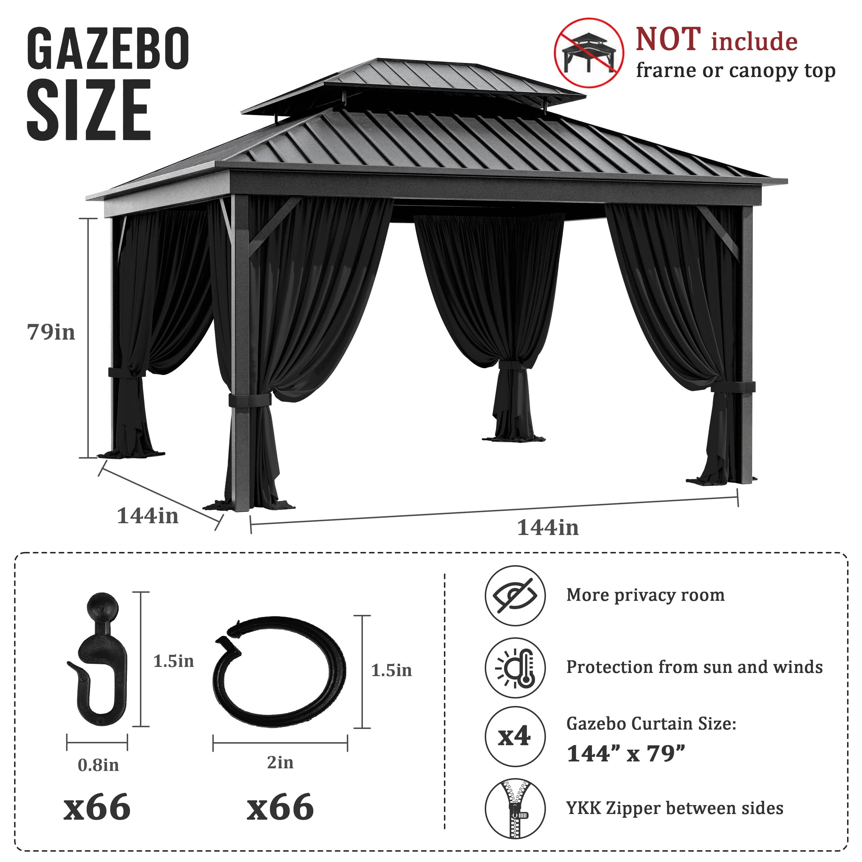 Pakunoda 4 Panel 12' X 6.5' Outdoor Curtains for 12' X 12' Gazebo, Waterproof Outdoor Privacy Curtain Panel set of 4, Black(Curtain Only)