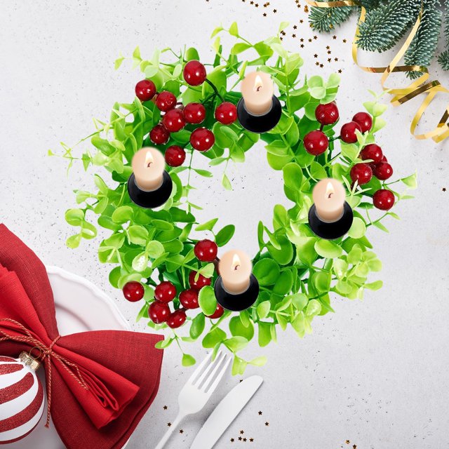Candelabro navideño, corona, decoración de mesa, simulación de pino, guirnalda, vela, baya, flor, otoño, Halloween, Acción de Gracias, decoración navideña