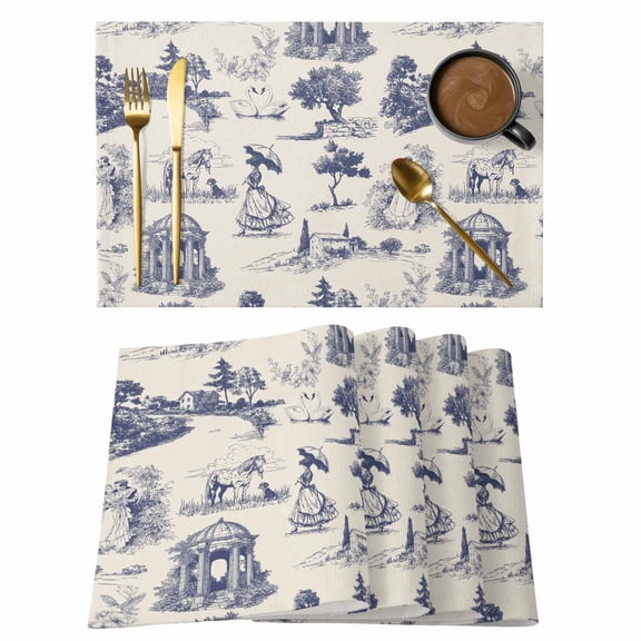 Farmhouse Country Placemats Set of 4 Vintage Blue French Garden Horse Swan Place Mats Indoor Wipeable Table Mats Washable Cloth Dining Table Placemats for Kitchen Holiday Party Home Decor 13x19 Inch