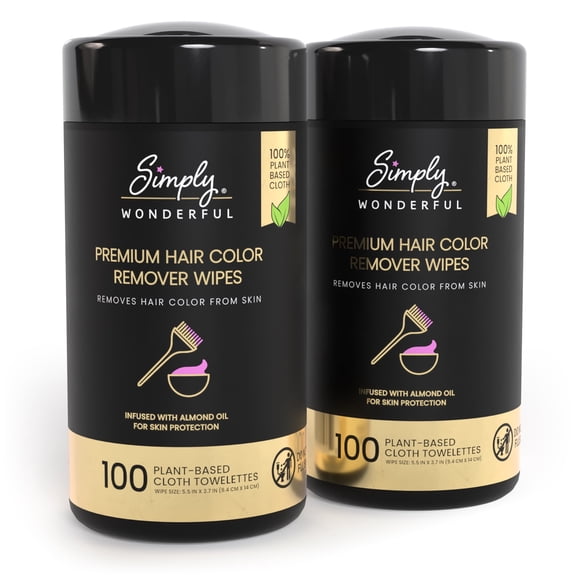 Simply Wonderful Hair Color Remover Wipes, 2 Pack Canisters, 200 Total Wipes, Salon & At-Home Hair Dye Stain Remover for Skin, Professional Hairline Cleanup Wipes, Almond Oil Infused, Fragrance Free