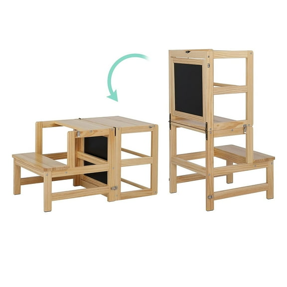 Kids Kitchen Step Stool Holds, Children Learning Step Tower with Security Rail, Chalkboard for Kitchen, Bedroom and Home, Black