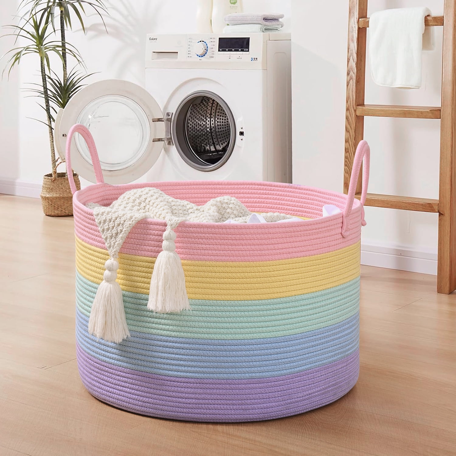 Natubeau 65L Large Cotton Rope Storage Basket, Soft Rainbow Decorative Basket for Living Room & Nursery, Foldable Laundry & Toy Organizer, 20"x20"x13"