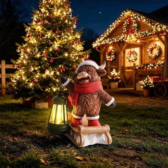Sahpxhe Christmas Decorations Outdoor, Solar Powered Highland Cow Sled Resin Statue with LED Lantern Waterproof for Garden Yard Xmas Decor