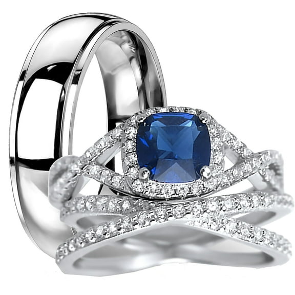 His Hers Sterling Infinity Silver CZ Bridal Wedding Band Engagement Ring Set Him Her