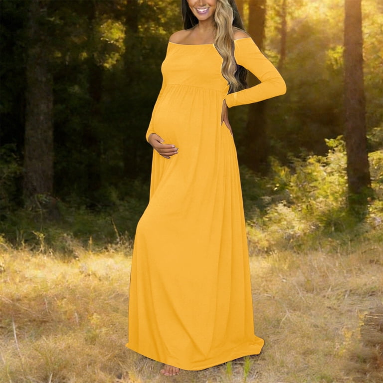 yellow long sleeve maternity dress Bell Sleeve Cross Bust Flare Maternity Gown, Yellow / XL