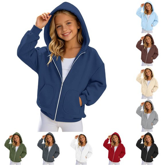 NordicNest Girls Zip Up Hooded Sweatshirt Solid Color Casual Hoodie Jacket For Kids Lightweight And Comfortable Daily Wear