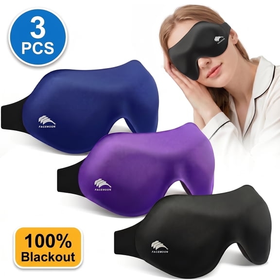 FACEMOON 3 Pack 3D Contoured Sleep Mask – Zero Pressure100% Light Blocking | Lash Extension Safe for Side Sleepers & Travel