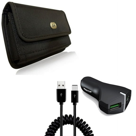 Case Belt Clip & Car Charger for iPhone 15 Pro Max - Rugged Holster Canvas Cover and 36W Fast 2-Port USB Coiled Cable Type-C D7G for iPhone 15 Pro Max (6.7")