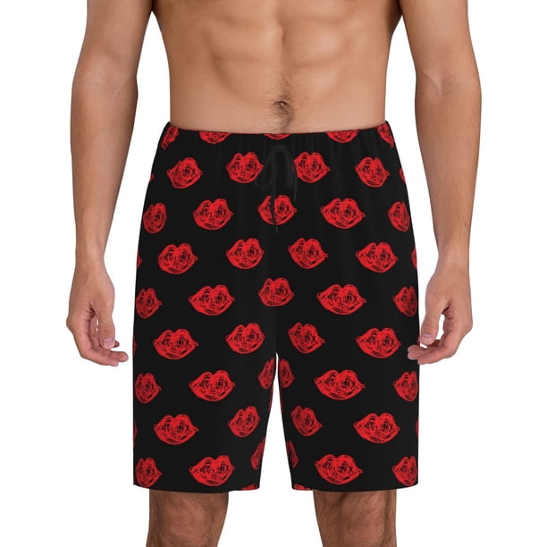 Balery Red Beautiful Lips Pantalones cortos de pijama de punto de algodón para hombre con cinturilla y bolsillos-Medium