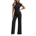 thumbnail image 2 of LEKWK Two Piece Sets for Women Mock Neck Slim Fit Short Sleeve Tops and Straight Leg Pants Ribbed Solid Casual Summer Fashion Business Work Sets, 2 of 7