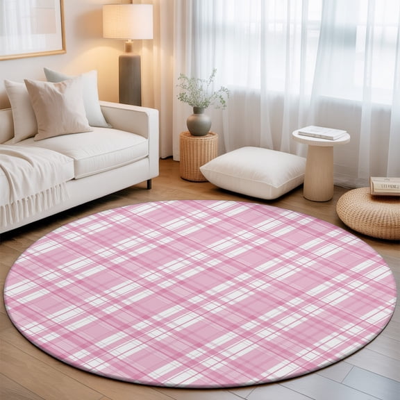 Pink Plaid 6' Round Rug for Living Room Under Coffee Table, Pink White Grids Geometric Low Pile Washable Non Slip Circle Area Rug
