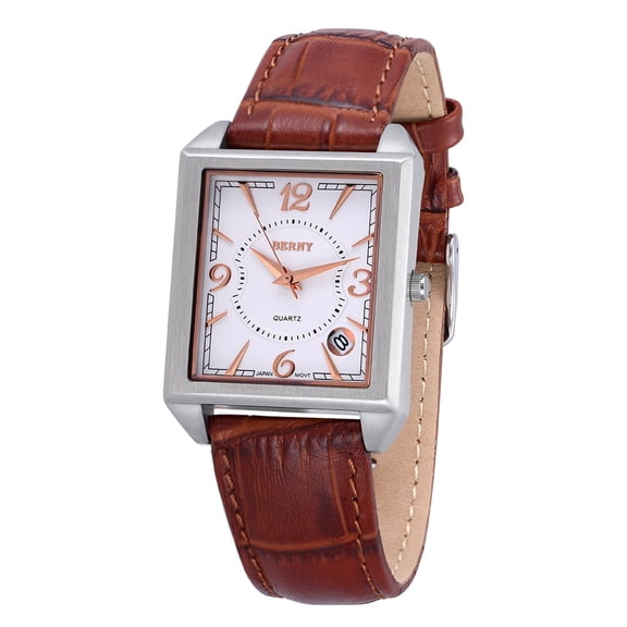 BERNY Square Watches for Men, Vintage Quartz Analog Leather Watch with Date Calendar, Stainless Steel, Waterproof, Dress Mens Wrist Watch Gifts (Rose Gold)