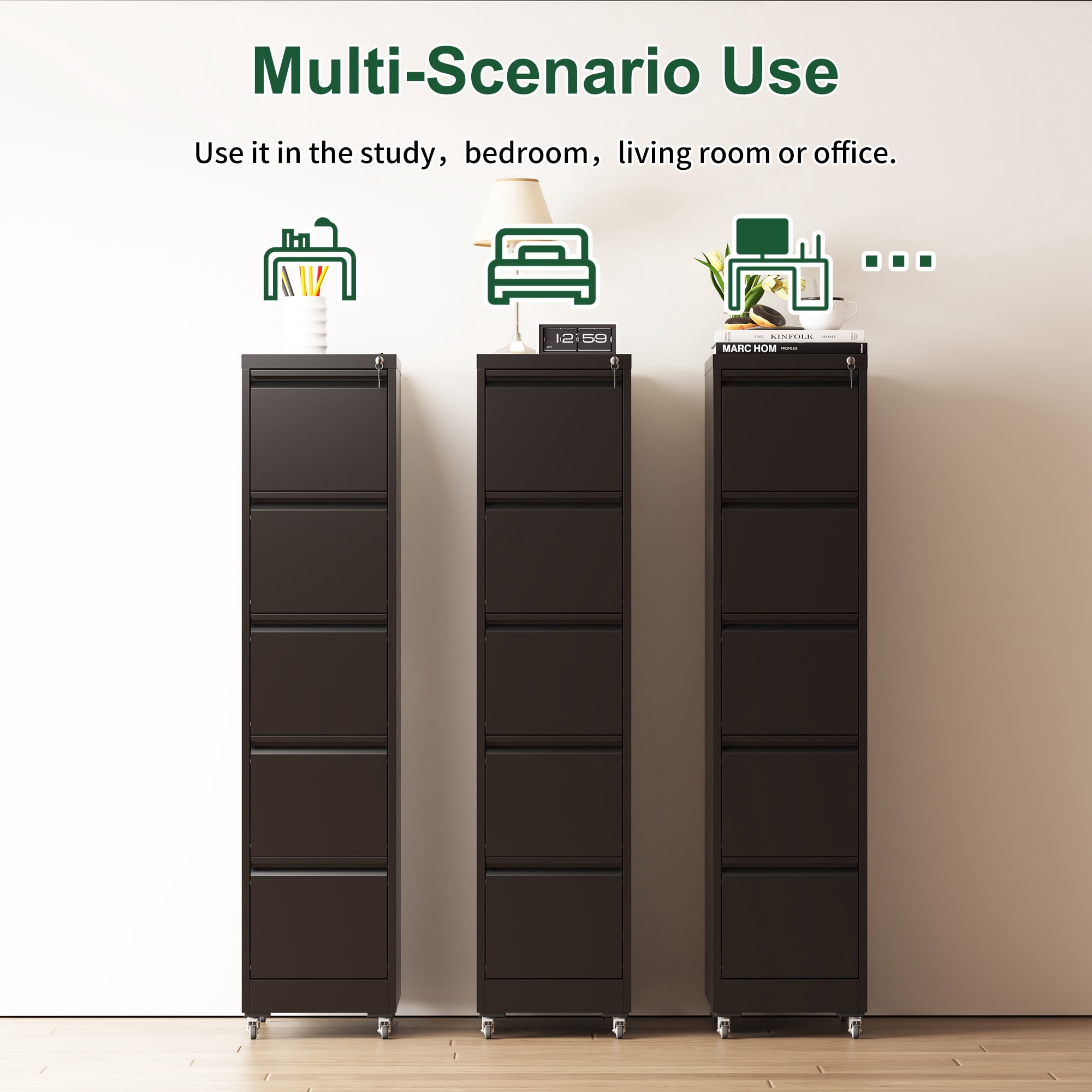 5 Drawer Metal Vertical File Cabinet with Lock on Wheels for Home Office,Heavy Duty Metal Storage Cabinet for A4/Letter/Legal Size Files, Black, 17.71"D*15.16"W*64.17"H