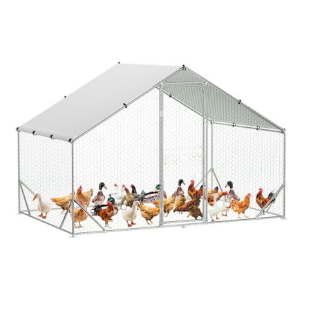 9.8 x 6.5 x 6.5 Ft Heavy Duty Metal Chicken Coop &ndash; Large Walk-In Poultry Cage with Spire Roof Galvanized Hen & Duck House UV & Waterproof Cover for Outdoor Farm & Yard