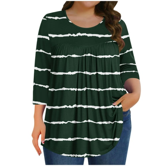 Scyoekwg Plus Size 3/4 Sleeve Tops for Women Crew Neck Three Quarter Sleeves Tunic Shirt Striped Print Lightweight Ladies Blouses Trendy Casual Comfy Loose Blouses (Army Green,XXXL)
