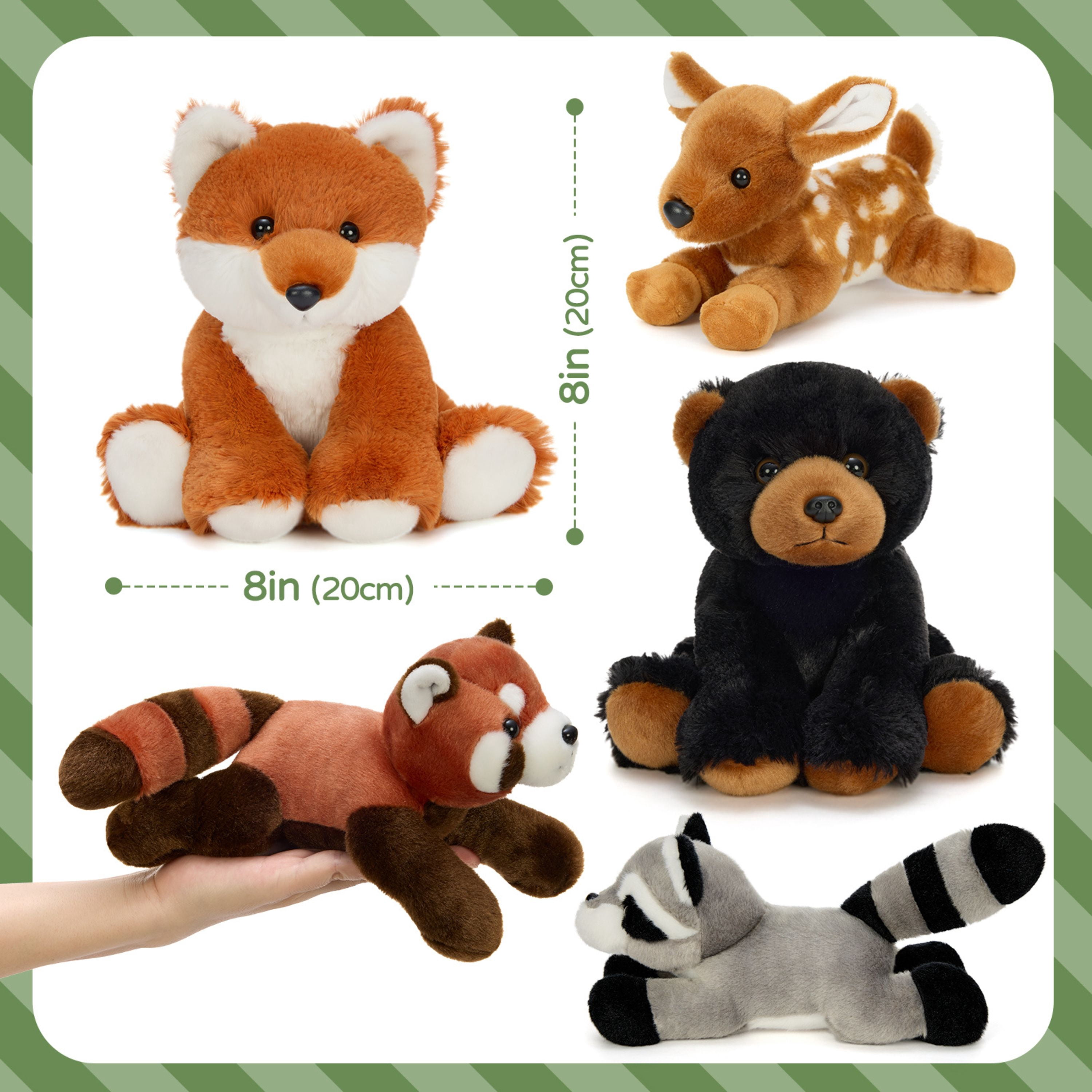 Muiteiur 5 Pieces Woodland Stuffed Animals Bulk Stuffed Animals Plush Toy(Bear/Fox/Sika Deer/Raccoon/Red Panda)