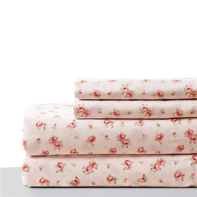 Benzara BM202208 Melun Rose Pattern California King Size Microfiber Sheet Set, Pink - 4 Piece