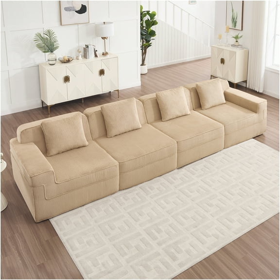 JERFIT 4-Piece Modular Sofa Set, Ultra Soft Corduroy Cloud Couch, Deep Seated Sectional with Pillows, Camel