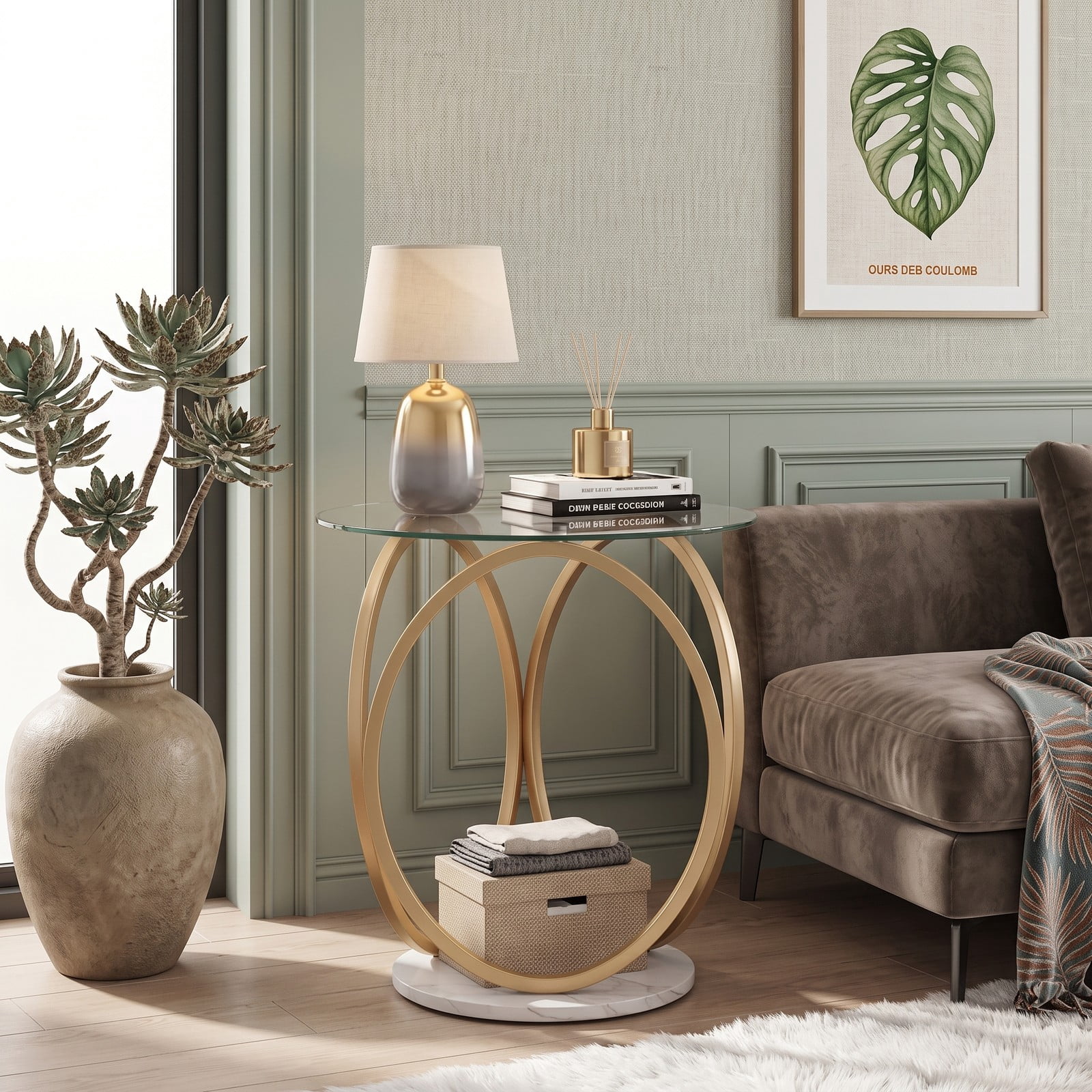 Furnibear Round End Table Faux Marble Side Table with Tempered Glass Tabletop, Modern Accent Nightstand Sofa Coffee Table with Metal Frame for Living Room Bedroom, Gold