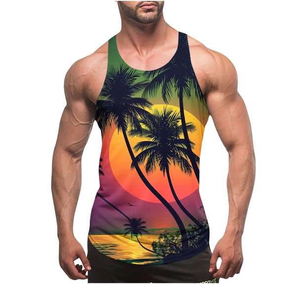 VBTAPA Mens Beach Tank Tops Palm Tree Graphic Sleeveless Shirts for Men Summer Vacation Gym Running Workout Tank Top Green L
