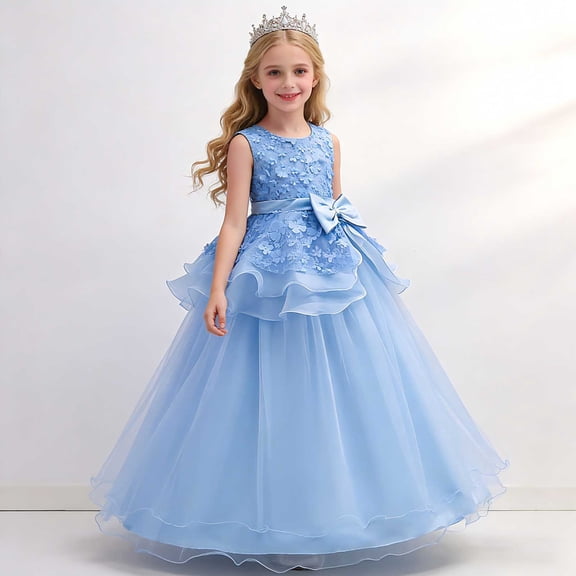 Girls Formal Flower Girl Dress Sleeveless Mesh Tulle Long Princess Dress with 3D Floral Applique and Bow Blue,Size 5 T