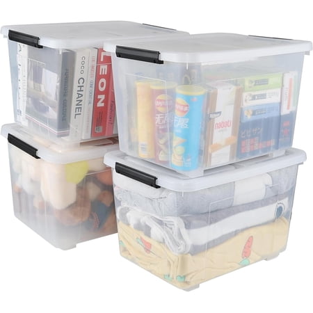 50 Quart Clear Latching Box with Wheels 4 Packs Plastic Lidded Storage Bin
