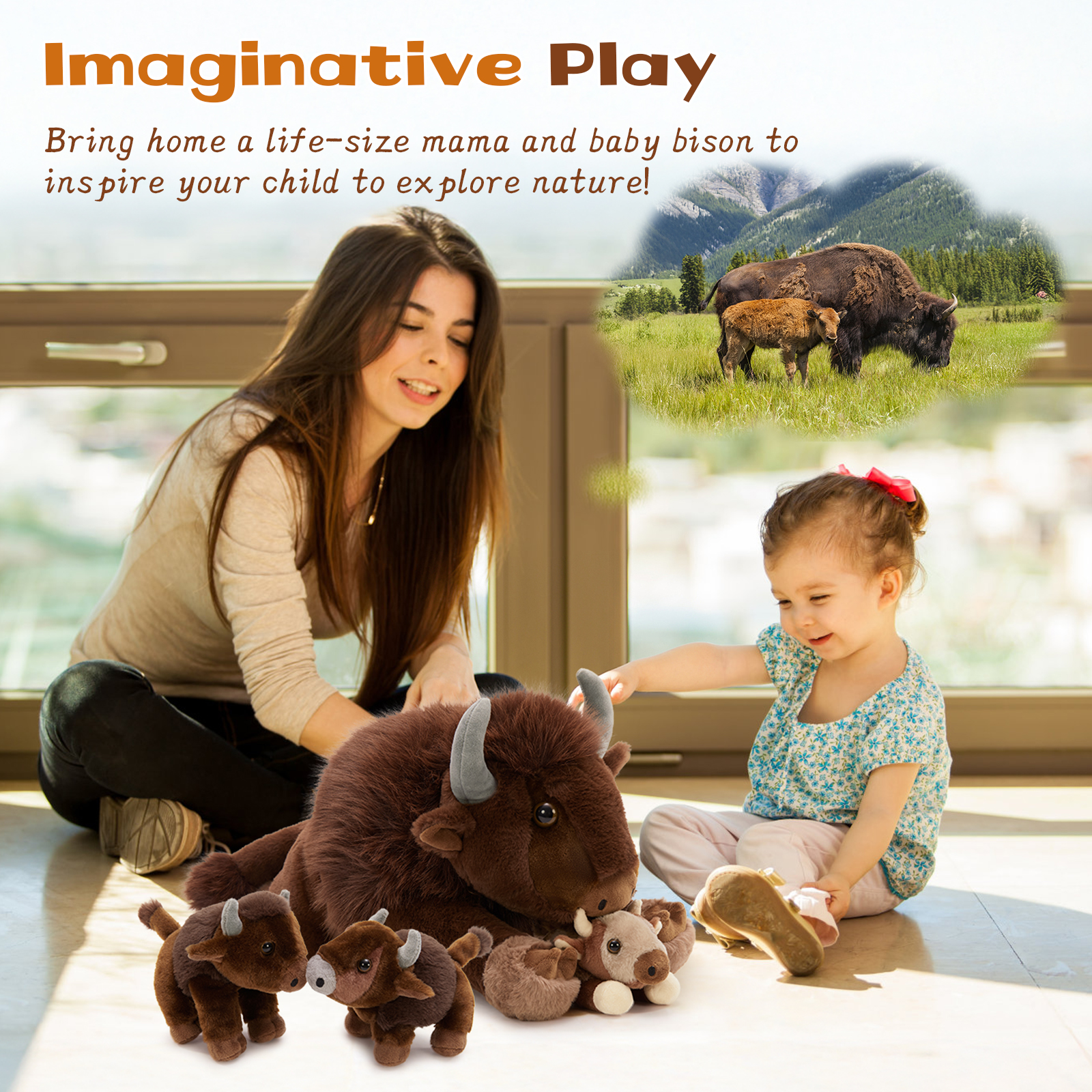 MaoGoLan 4Pcs Bison Stuffed Animal 18inch Bison Mommy Stuffed Animal with 3 Baby Plush Toy Stuffed Cow Toys
