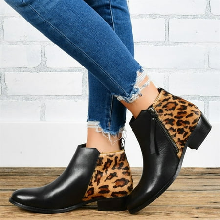 

Tangnade Boots for Women on Sale Women Non-Slip Leopard Print Square Heels Zipper Round Toe Short Booties Shoes