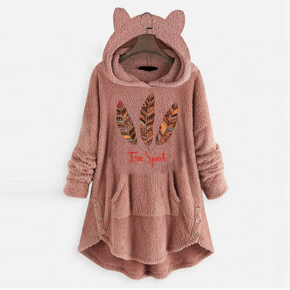 IROINNID Women's Casual Mid-Long Graphic Prints Hoodie Overcoat Long Sleeve Outwear, Pink