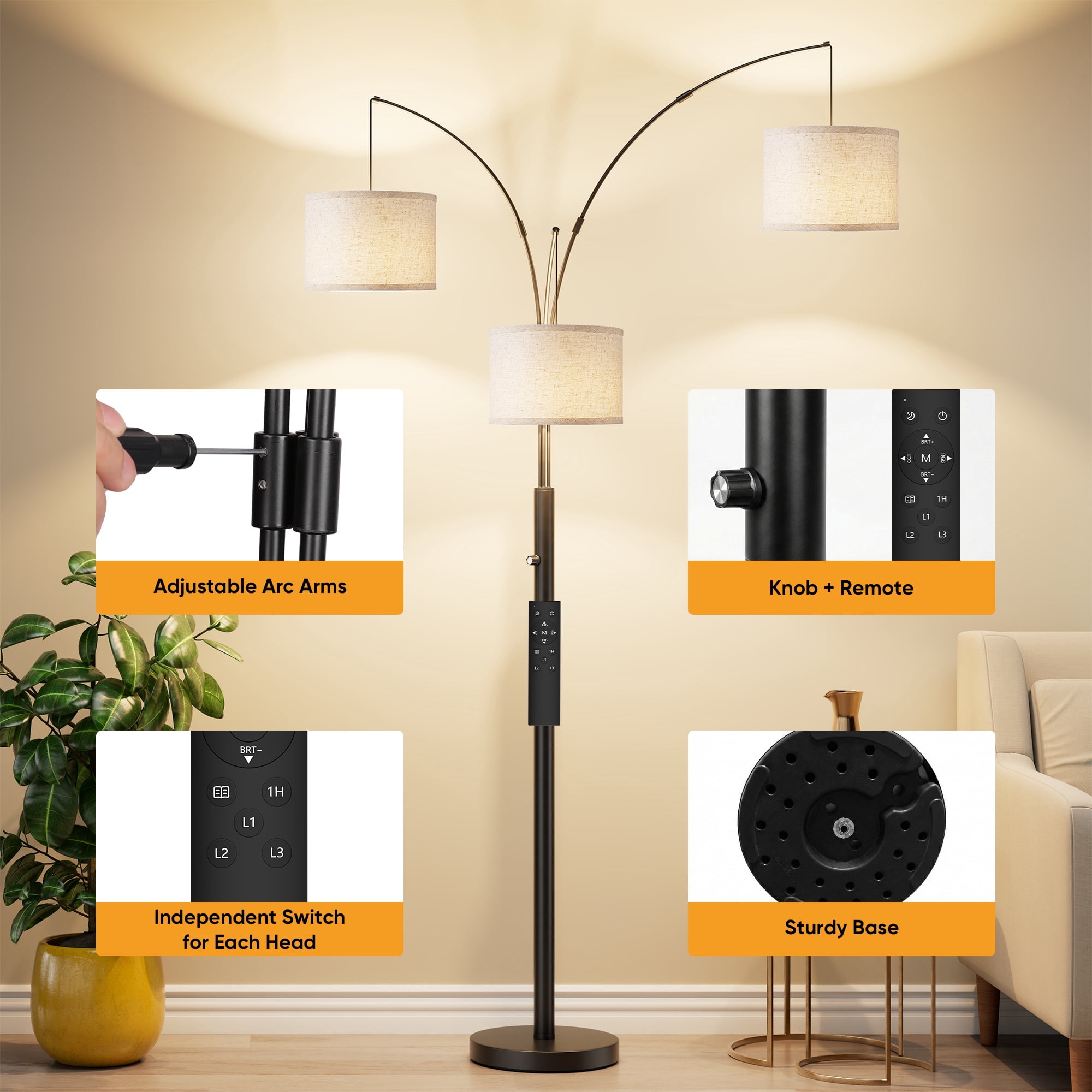 Newest 67” Modern 3-Head LED Floor Lamp with 3-Color Dimmable Light, Adjustable Black for Living Room