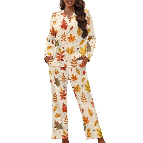 GarronmavisMaple Leaves Women's Fall-Themed 2-Piece Pajama Set Long Sleeve Button Down V-Neck Sleepwear Cozy Thanksgiving Pjs with Pockets