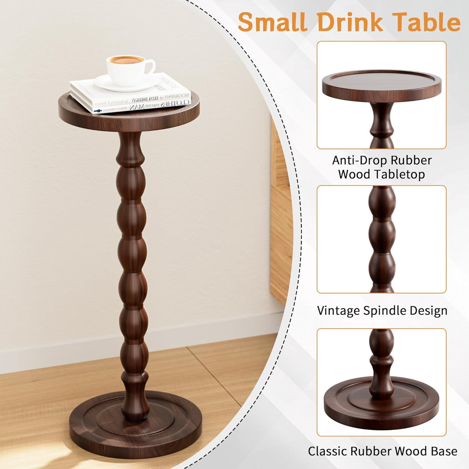 Finew Solid Wood Drink Table, Rubber Wood‌ Small Round Side Table for Small Spaces, Martini Tables, Pedestal End Tables for Living Room, Bedroom, Corners, and Office (Dark Walnut, 9.4 inch)