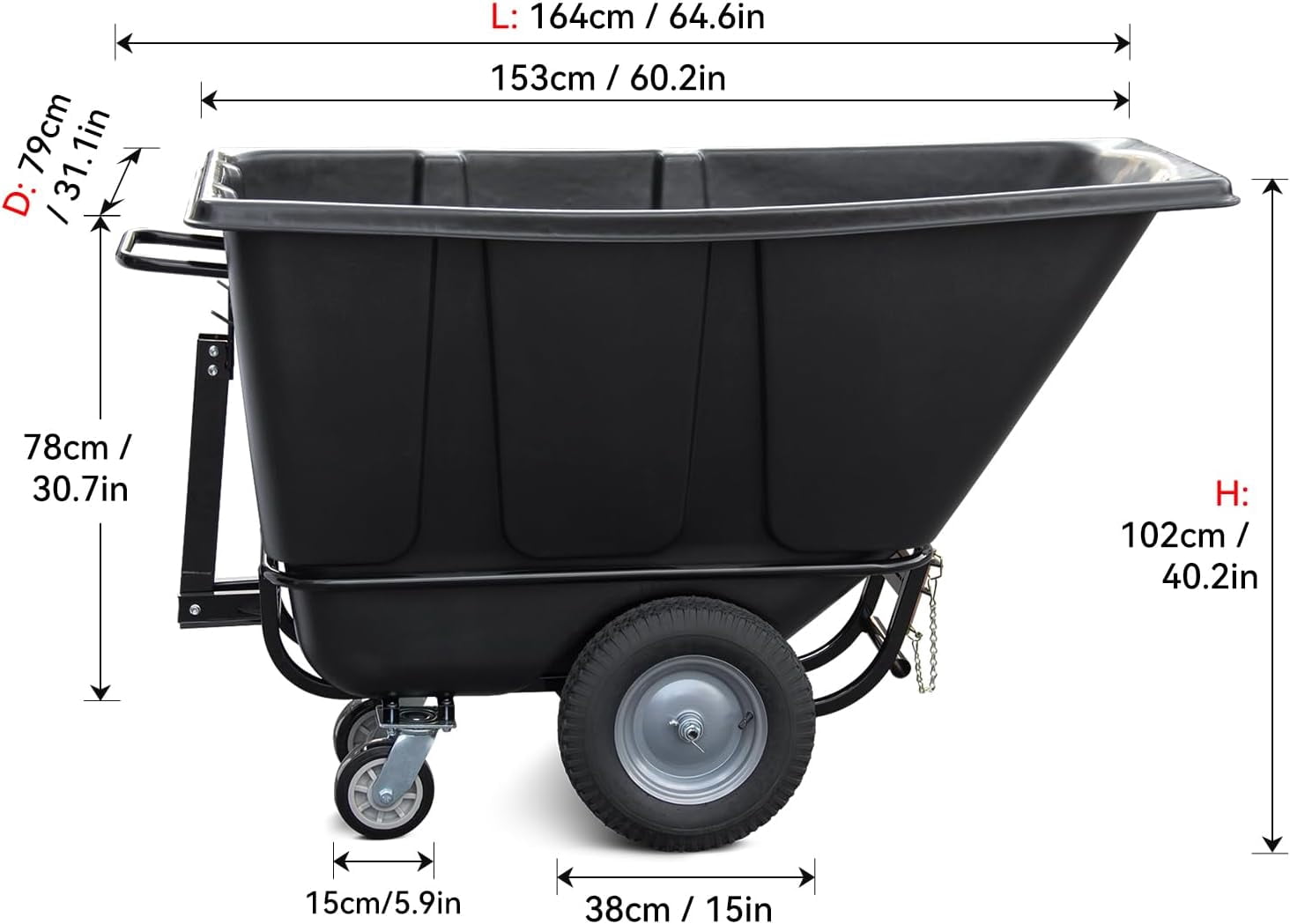HPDMC 1/2 Cubic Yard Tilt Dump Truck, 1400 lbs Capacity Heavy Duty Trash Cart with 16" Pneumatic Wheels & 6" Swivel Casters, Industrial Garbage Recycling Cart for Construction & Warehouse, Black
