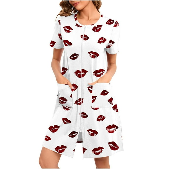 Aboser Zip Up Robes for Women Short Sleeve Sleepwear Trendy Lip Printing Bathrobes Loose Fit Short Nightdress Soft Cozy Crewneck Loungewear with Pockets White S