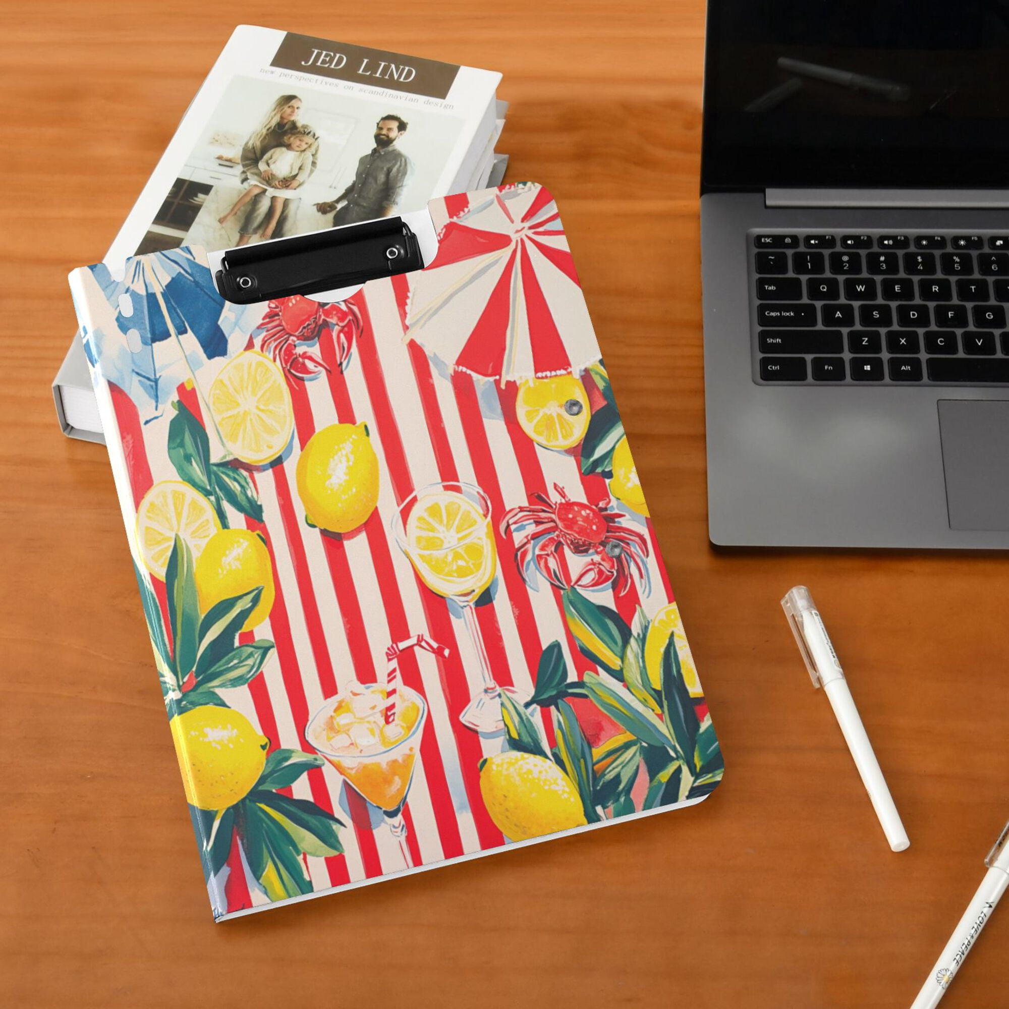 FORMRS A4 Clipboard Folder with Pen Holder Horizontal Foldable School Office Binder, Red Striped Lemon