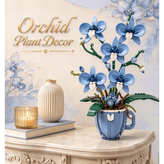Blue Orchid Flower Building Set for Adults, Botanicals Potted Plants Decor, Compatible with Lego-Flowers, 567Pcs