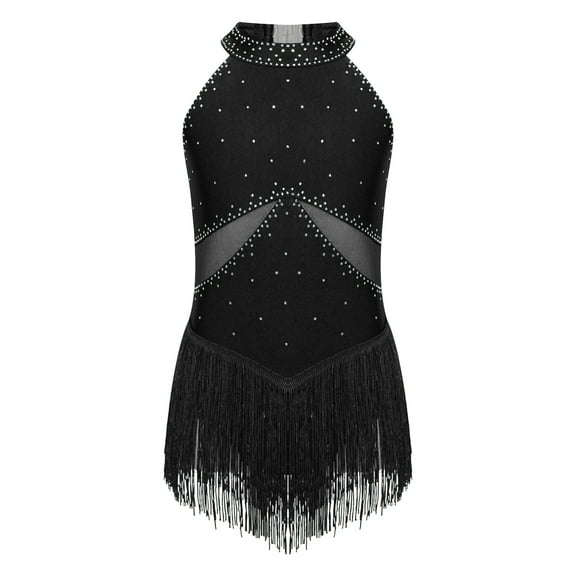 DPOIS Kids Girls Shiny Rhinestone Fringe Bodysuit Jazz Costume Black 12