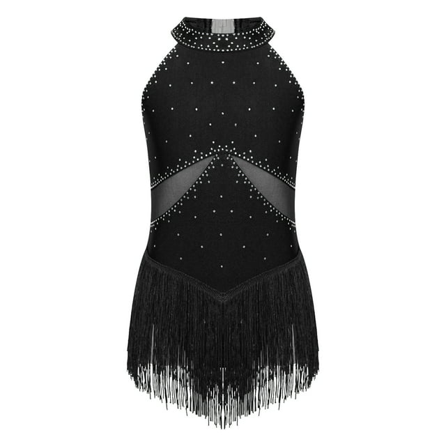 Yeahdor Robe de Danse Latine Sans Manches à Paillettes pour Filles, Robe Justaucorps de Jazz, Rumba Samba Salsa Cha Cha, Tenue de Danse de Salon Noire 14
